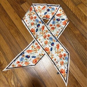 NWOT Cream Floral Skinny Scarf with Orange & Blue Blooms
